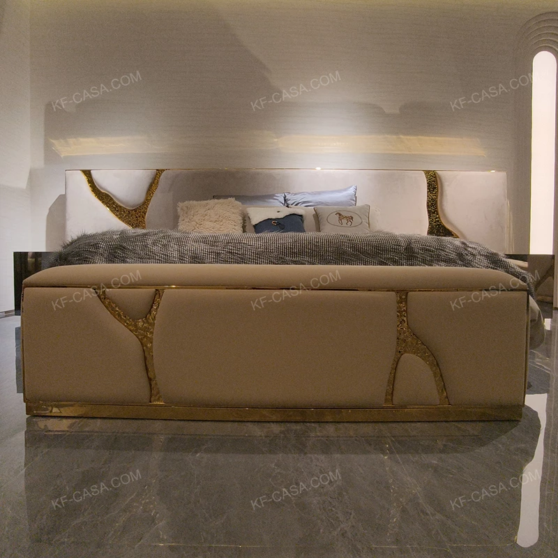 Warm Yellow Bed Bench with Hammered Gold Stainless Steel Branch Inlays